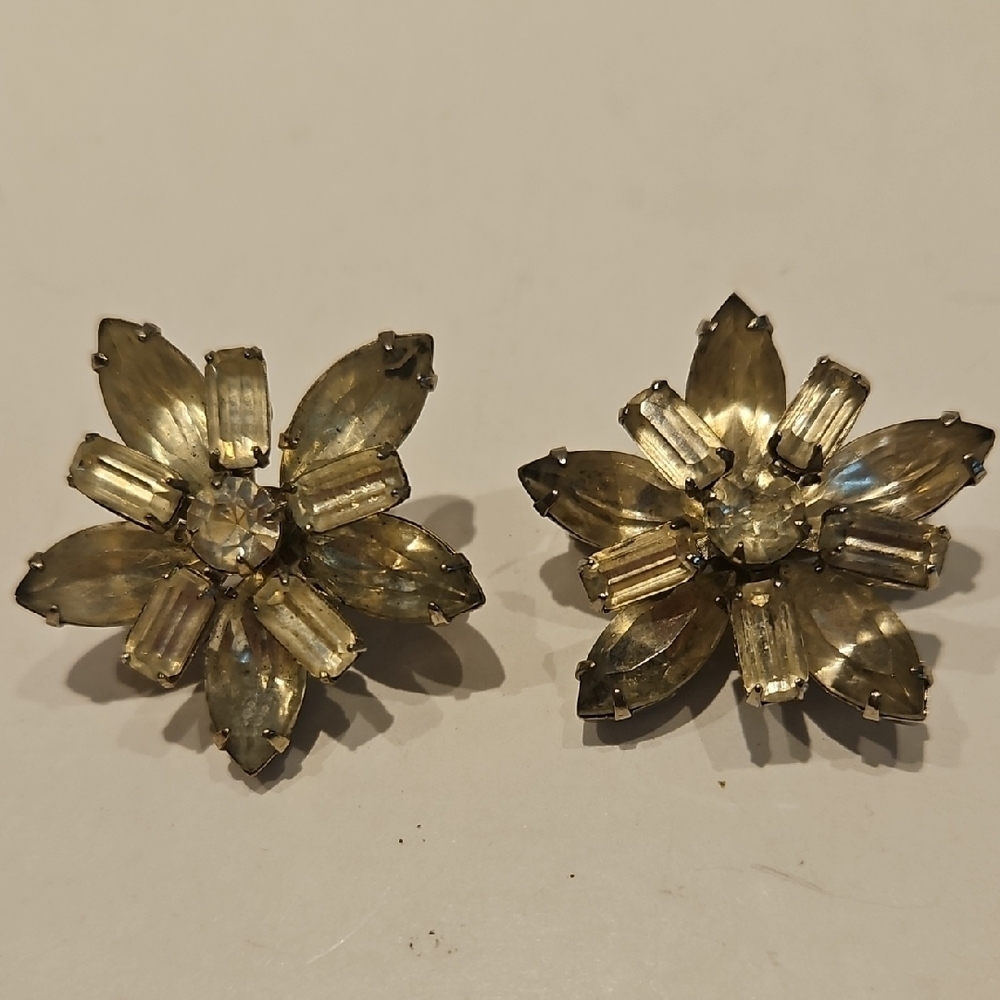 Vintage Pair Rhinestone Flower Brooches